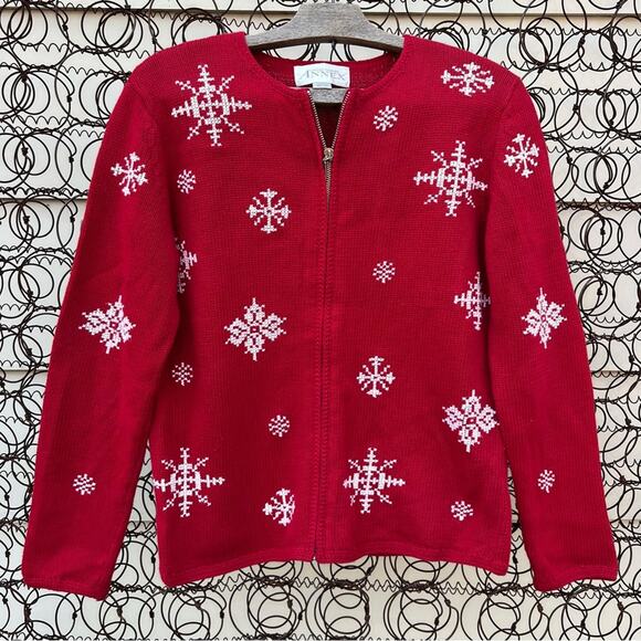 VTG Casual Corner Annex Christmas Snowflakes Red Zip Up Cardigan Sweater SMALL - Picture 1 of 10